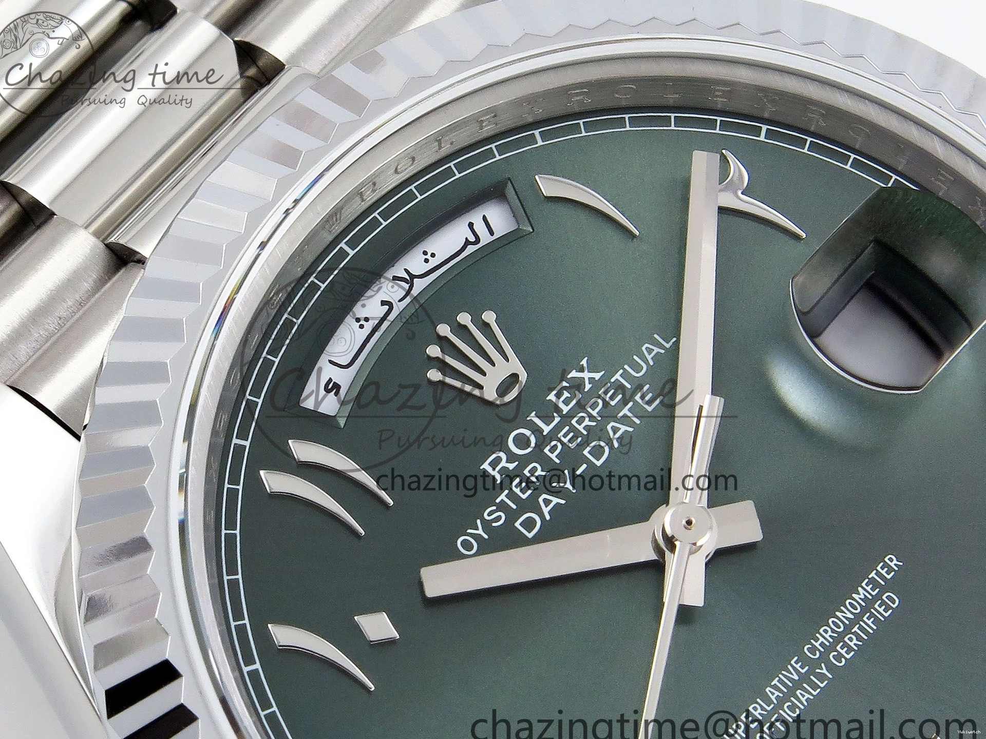 904L VR3255 DayDate SS President Green on Steel (Gain 40 Arabic Dial Weight) JDF Bracelet V3 0304